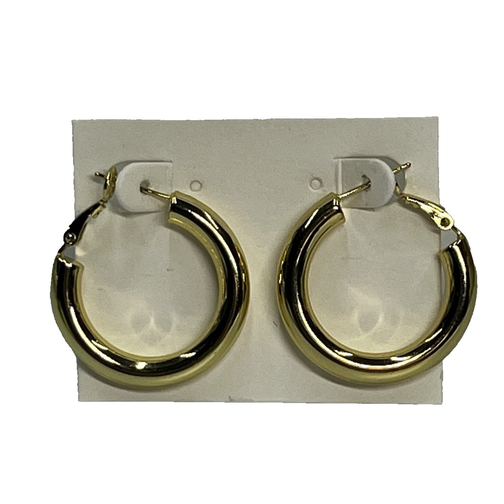 Gold Tone Puffy Tubular Medium Hoop Earrings 29mm Snap Hinge
